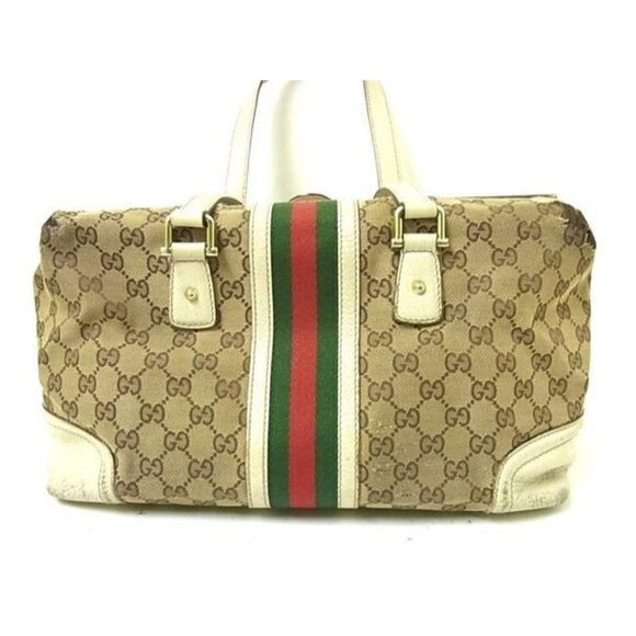 Gucci Vintage Jolicoeur Satchel Brown Large G Print Canvas w White Leather - Picture 7 of 10